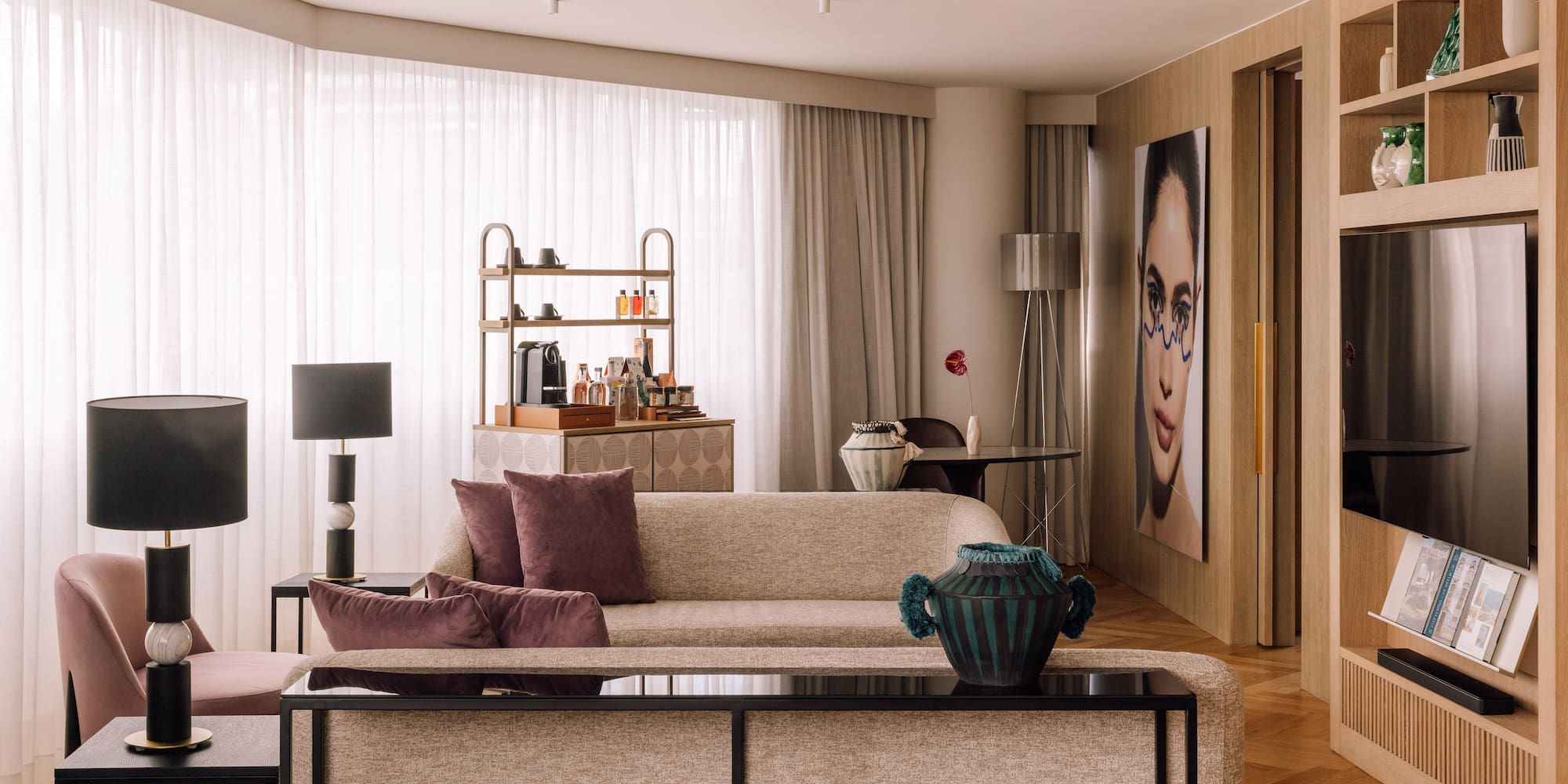 a living room with a couch and a table