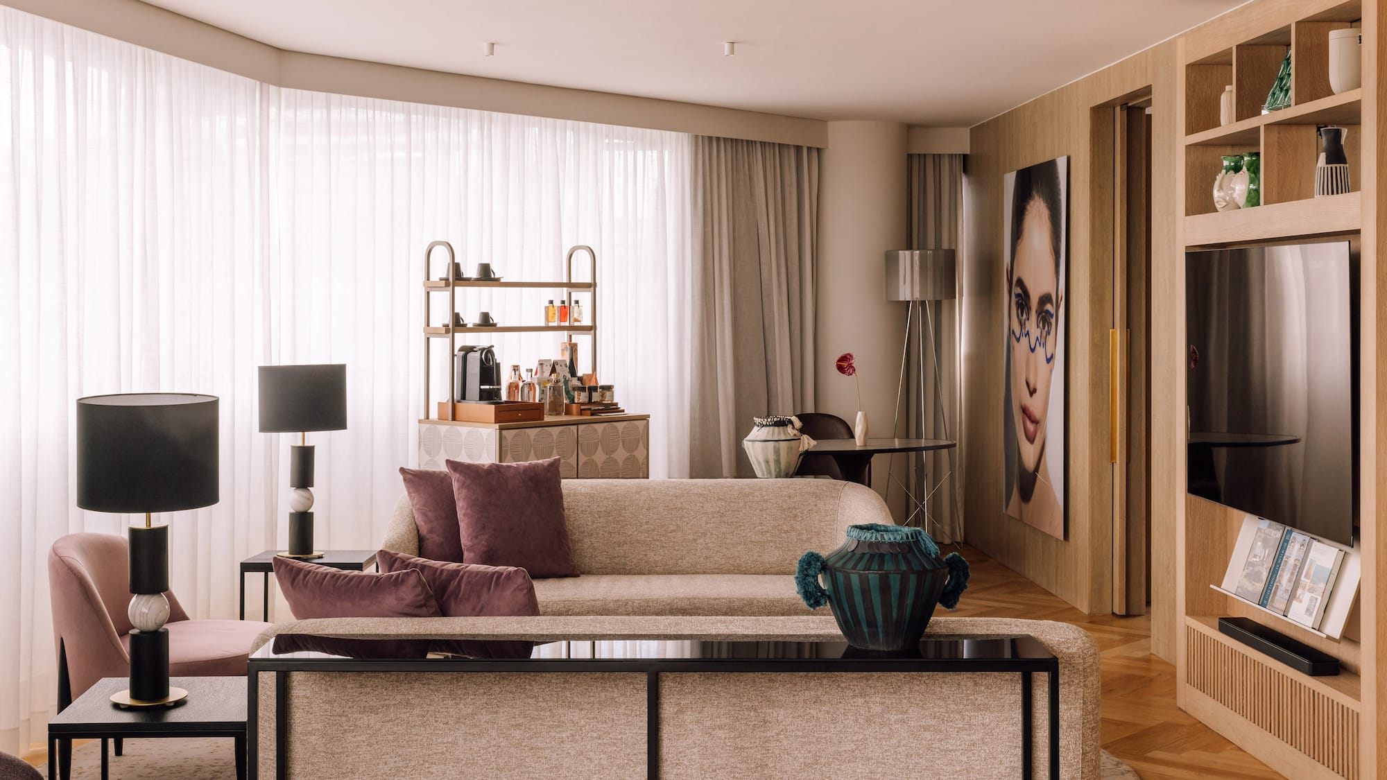 a living room with a couch and a table