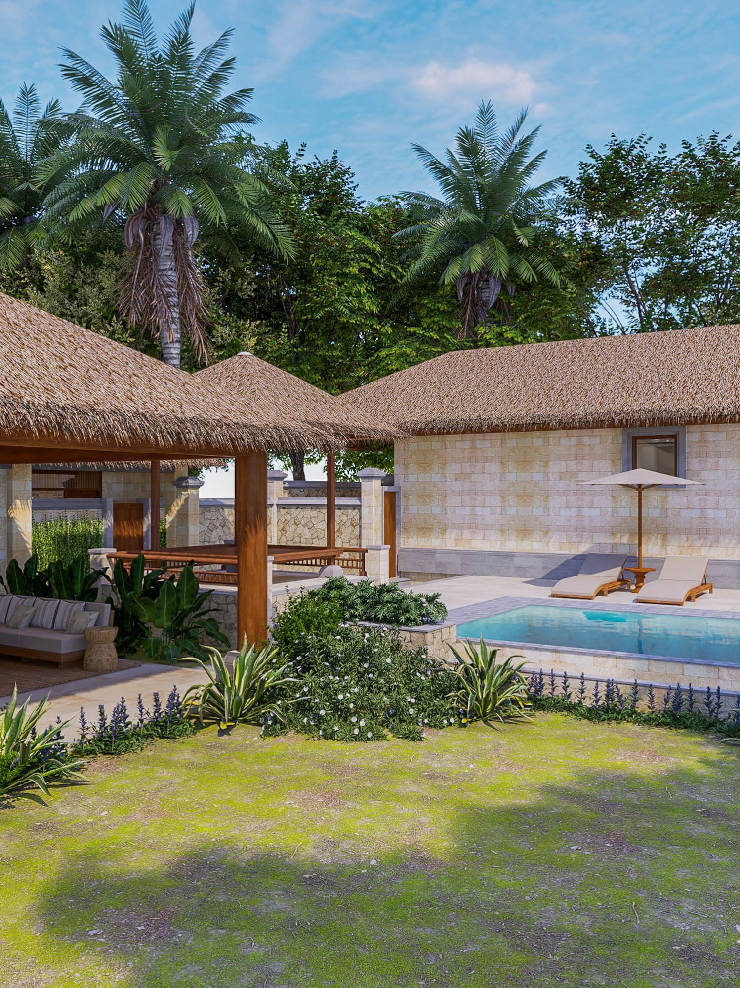 a pool and a house with grass roof