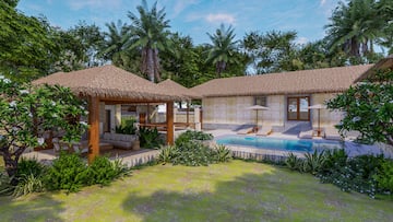 a pool and a house with grass roof