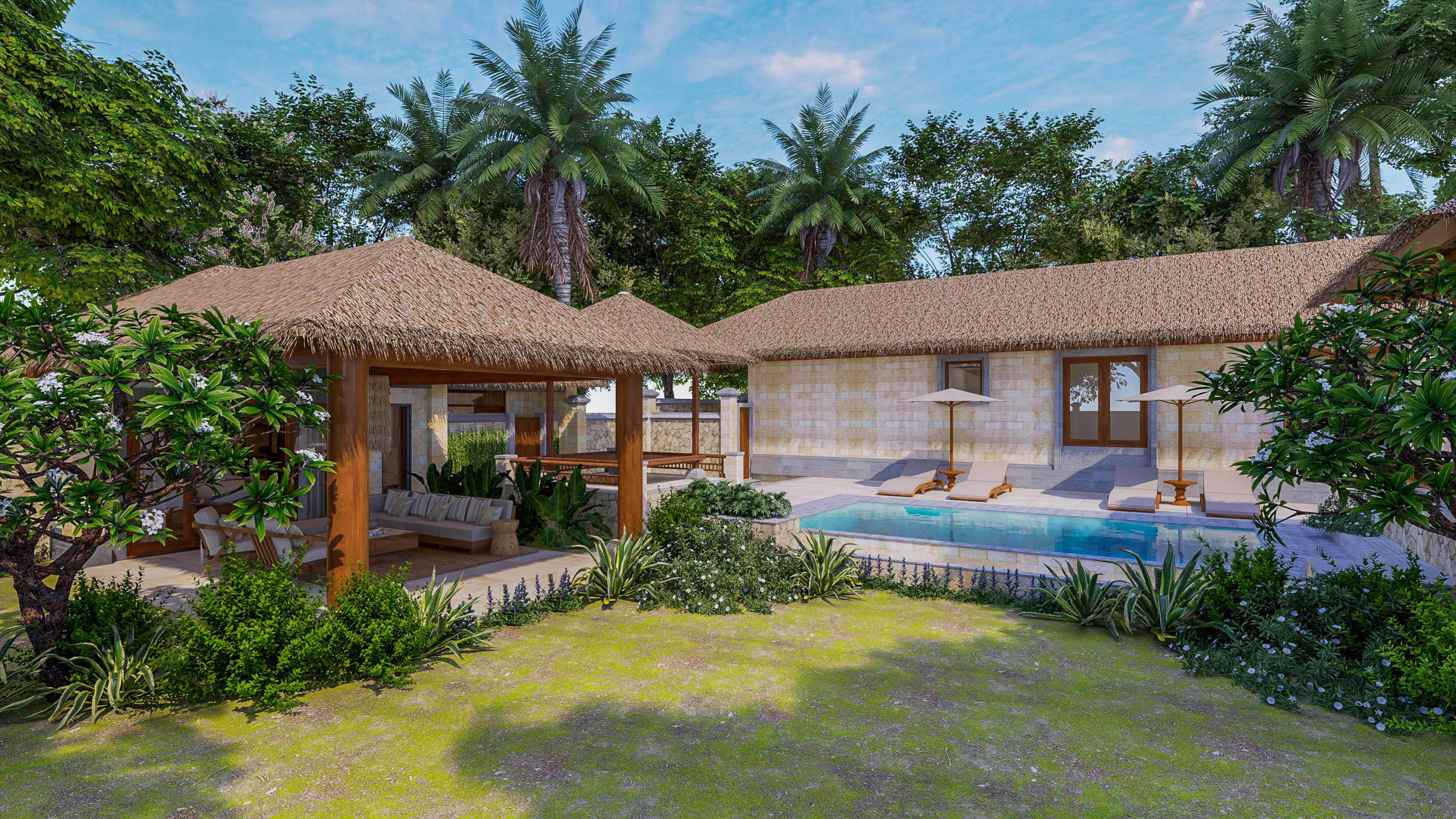 a pool and a house with grass roof