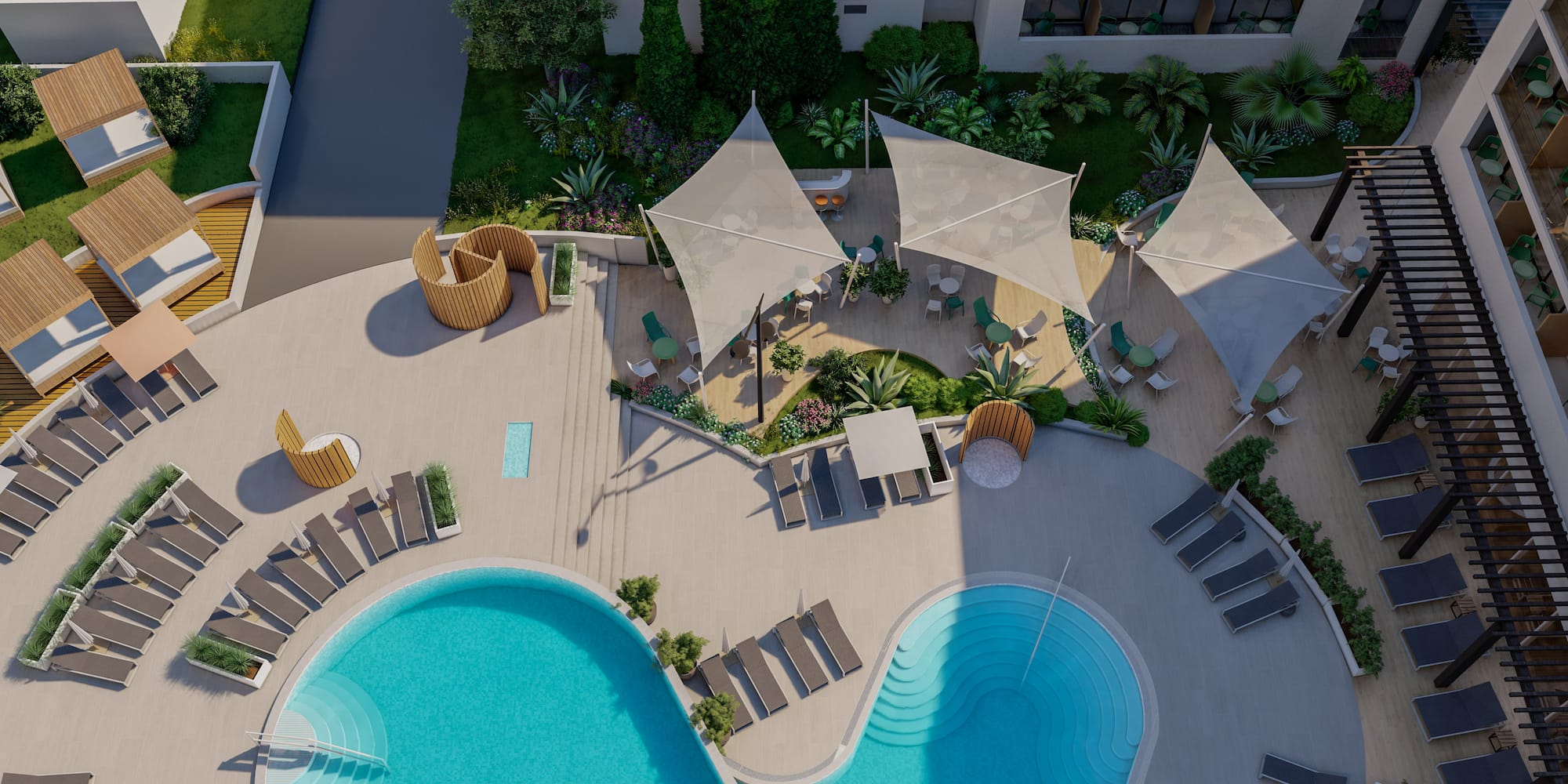 a swimming pool with a deck and chairs