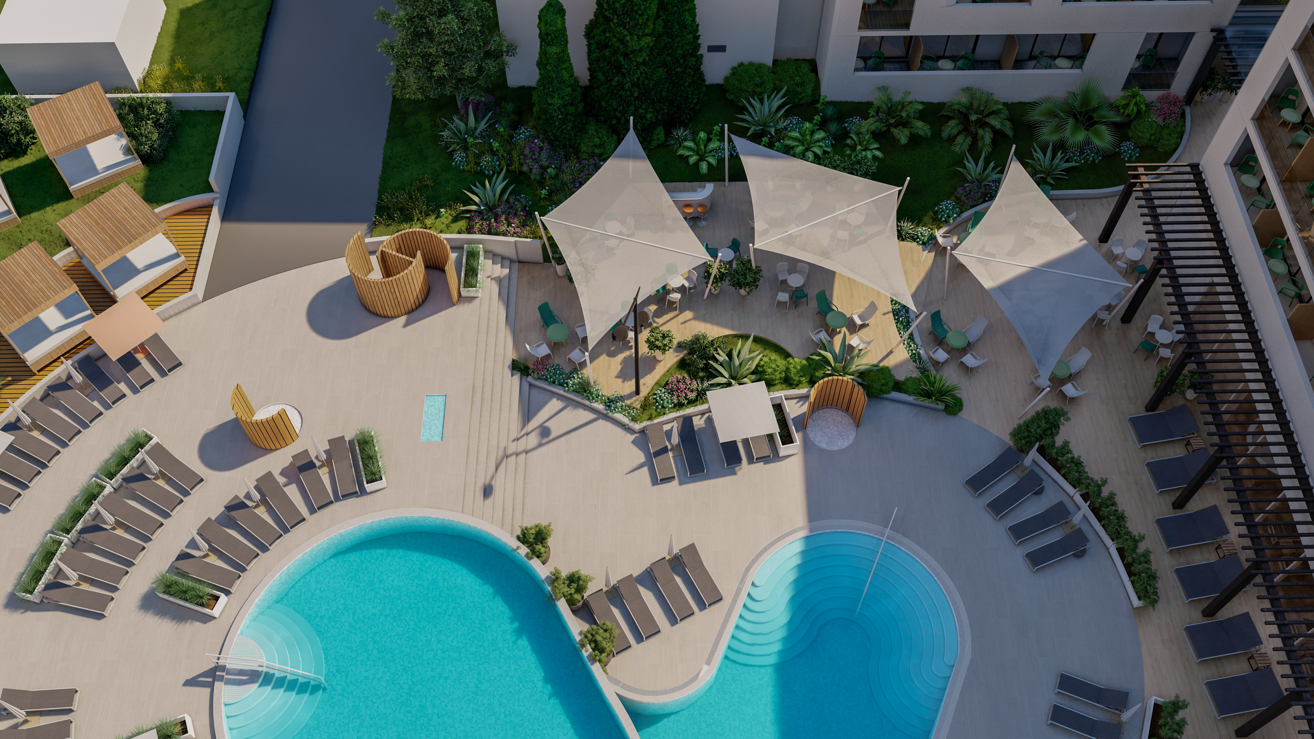 a swimming pool with a deck and chairs