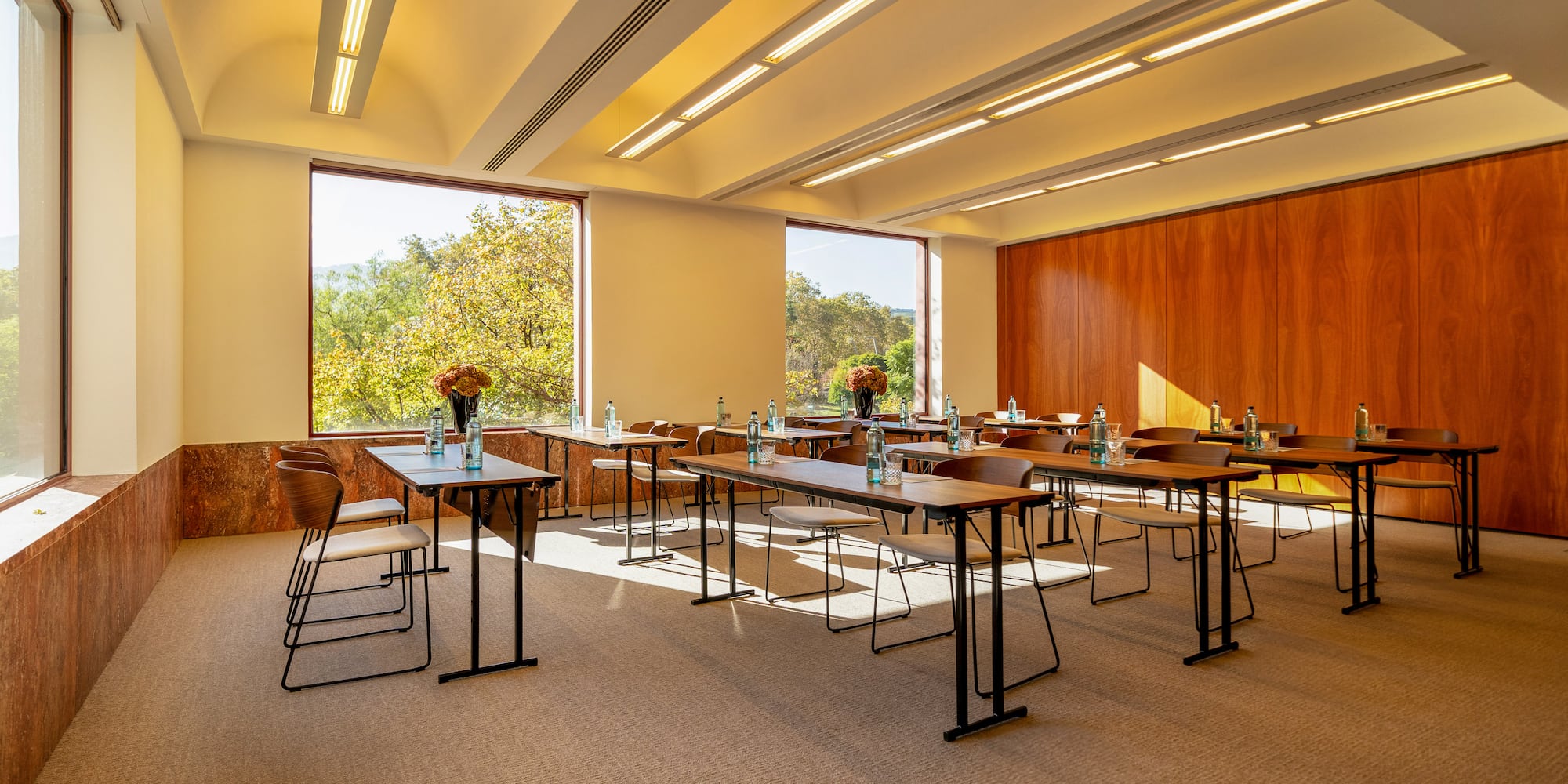 a room with tables and chairs