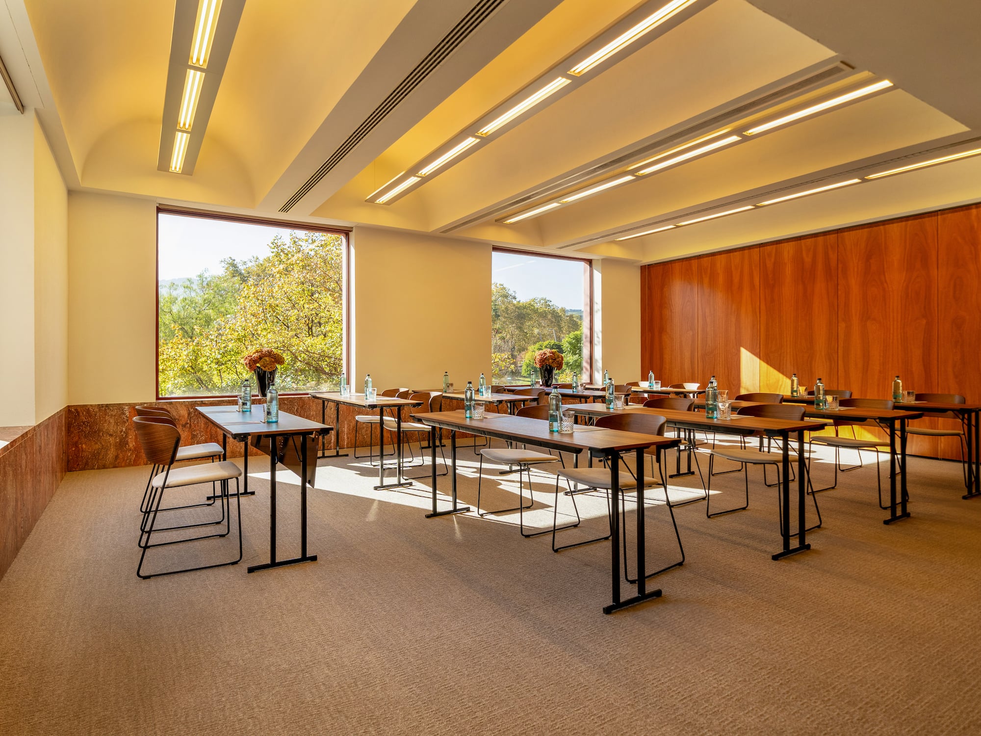 a room with tables and chairs