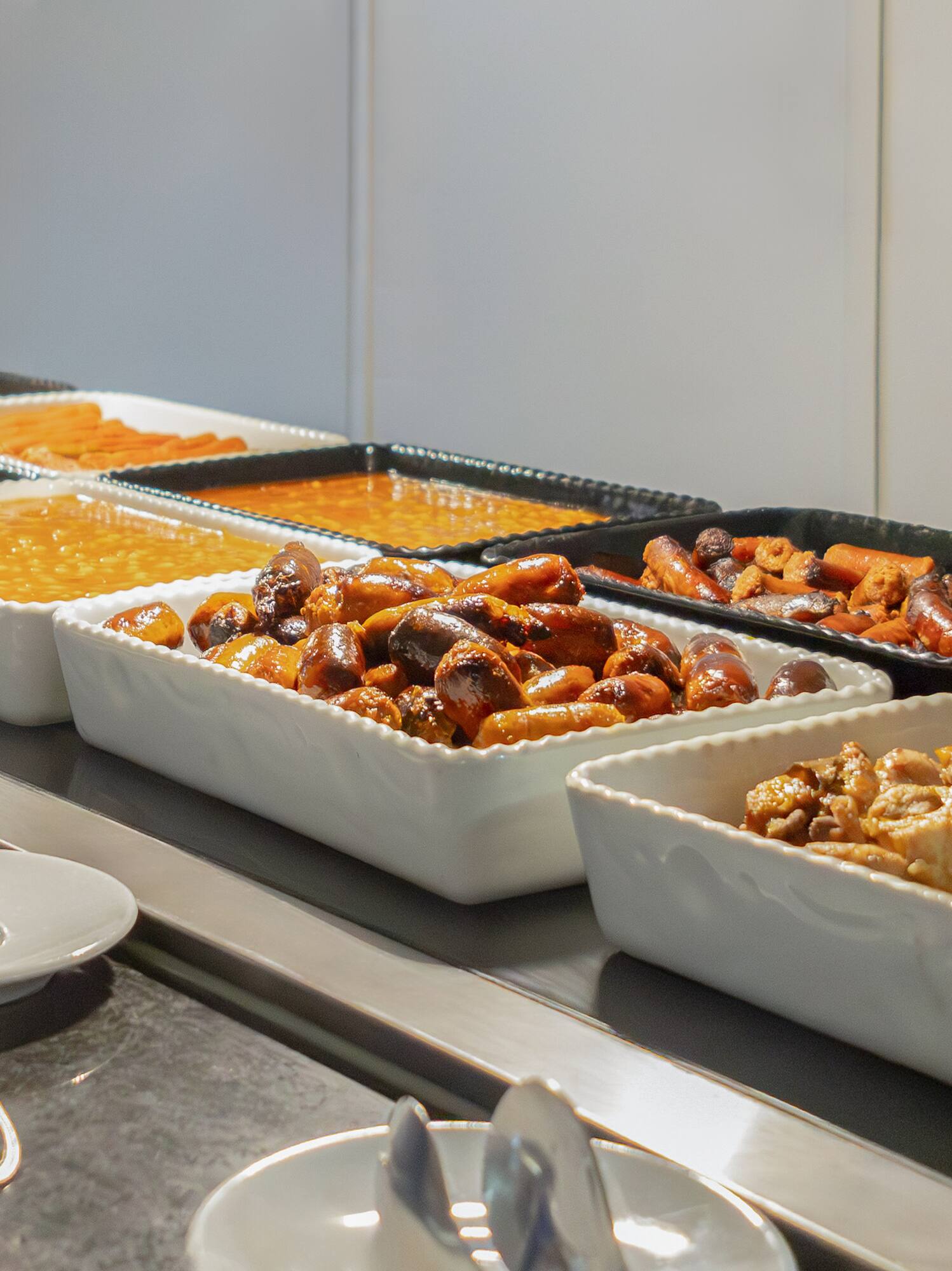 a buffet line of food