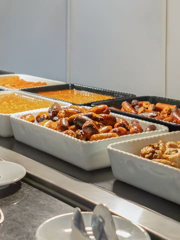 a buffet line of food