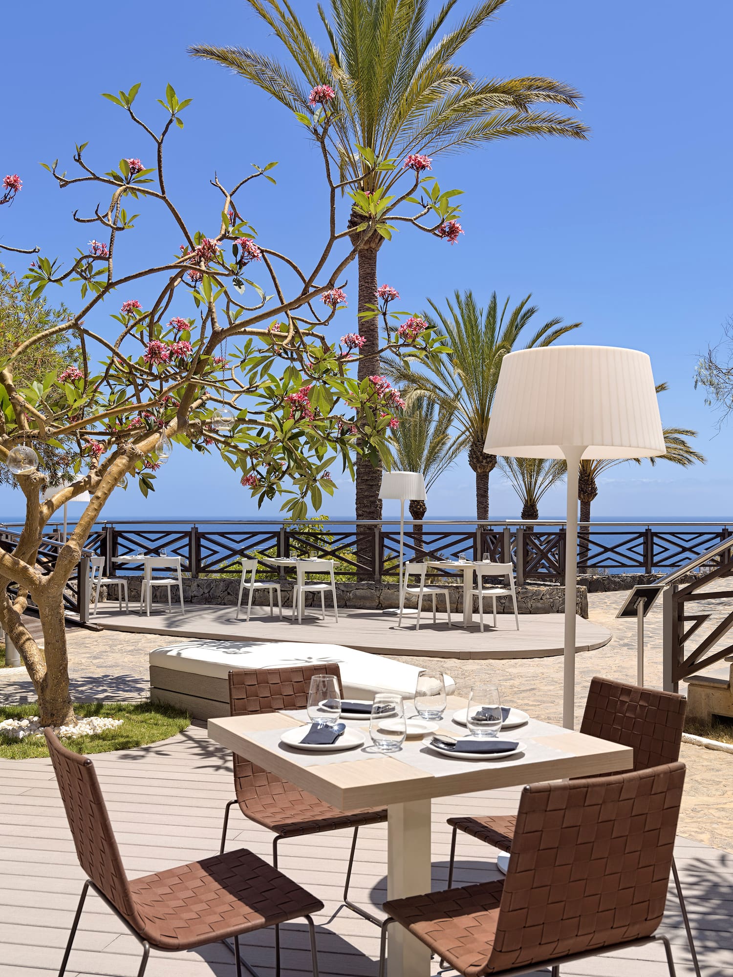 a table and chairs outside with a tree and a fence