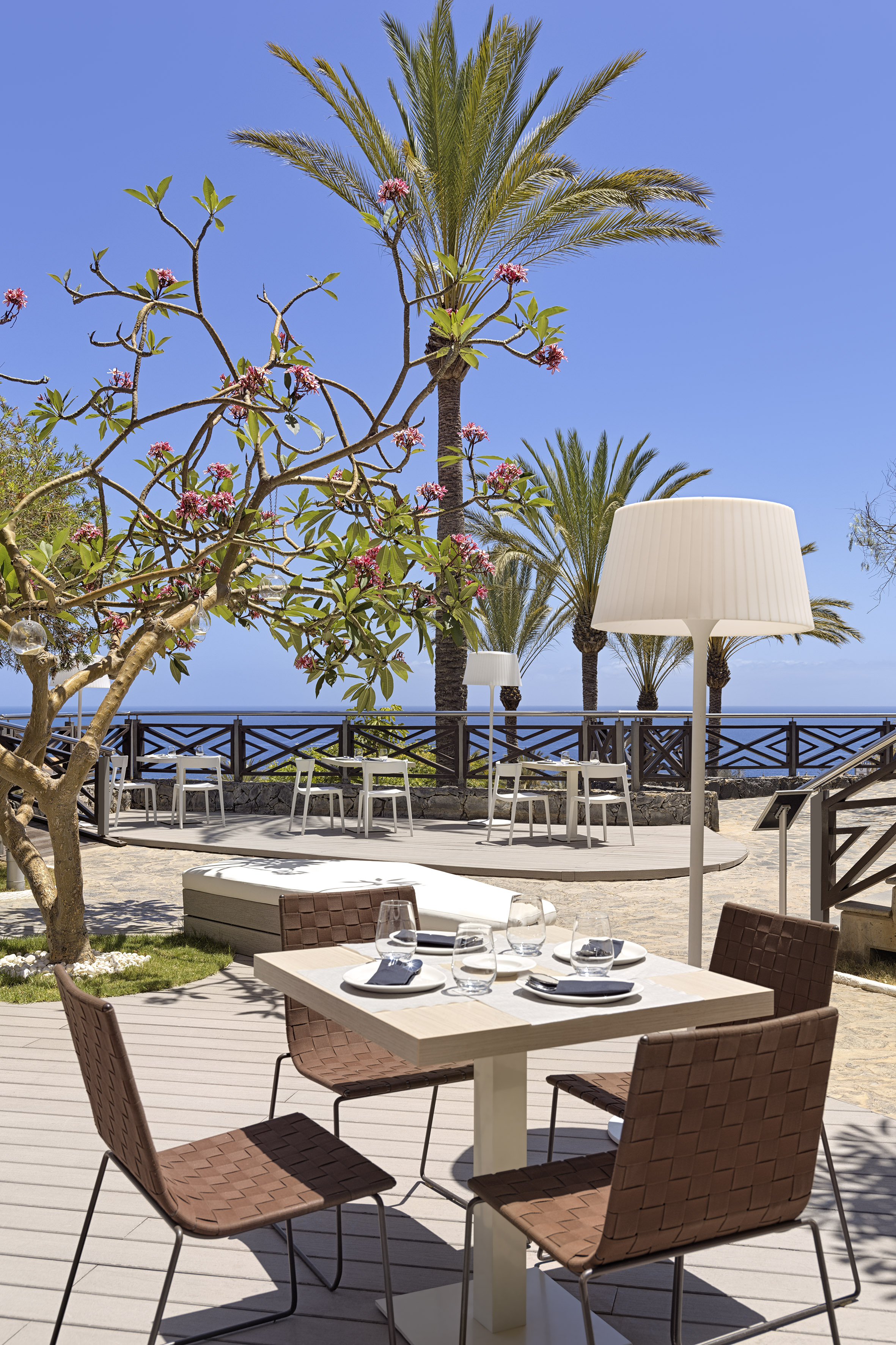 Resort outdoor dining terrace with ocean view, palm trees, and set tables.