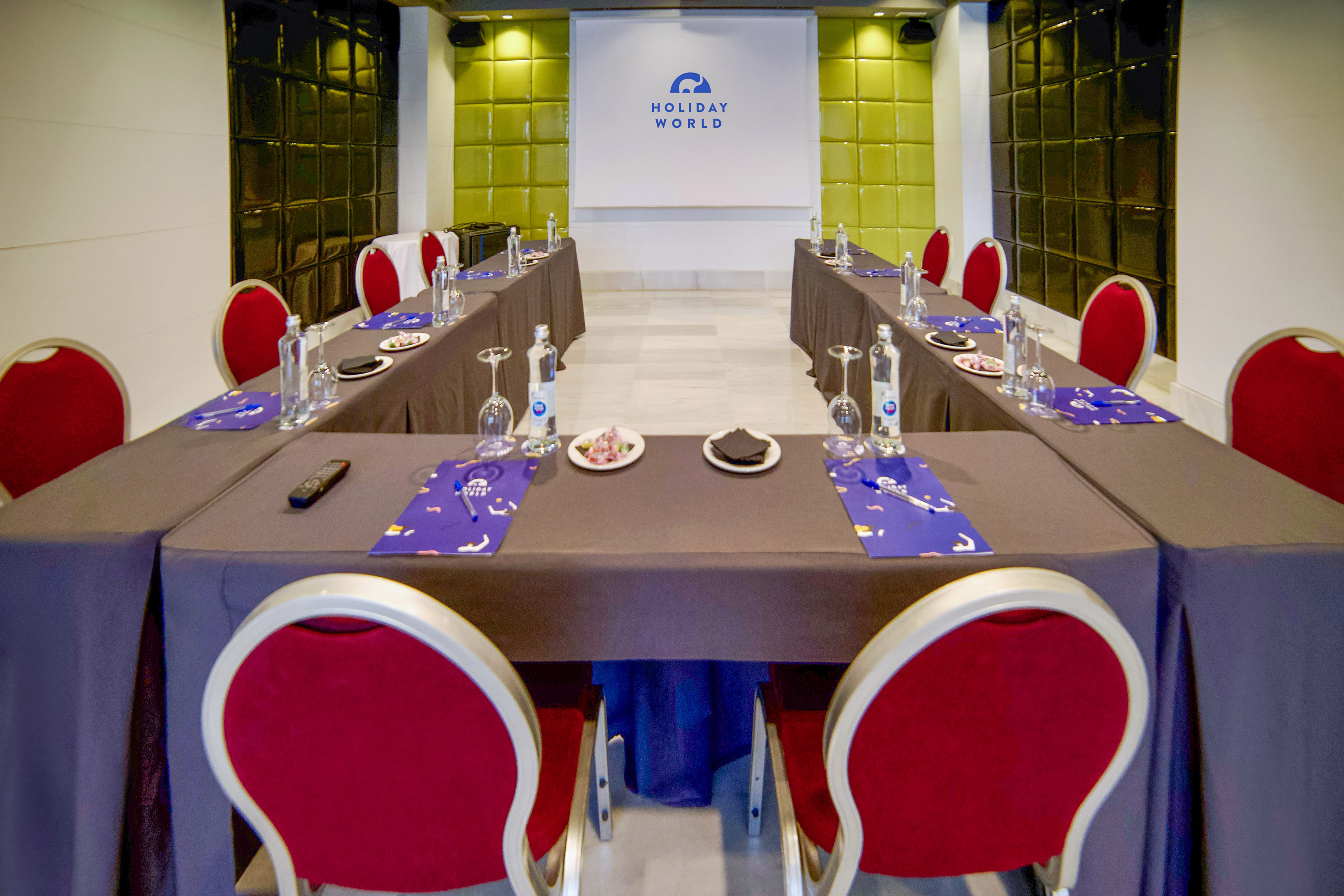 a long table set for a meeting