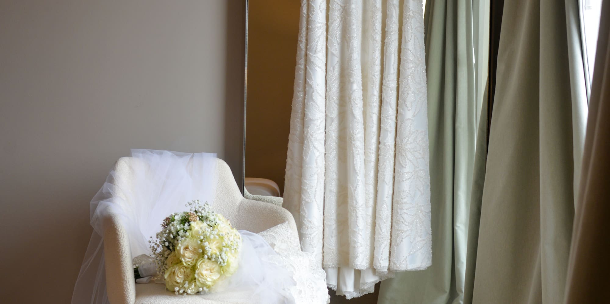 a wedding dress and a chair
