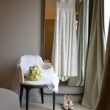 a wedding dress and a chair