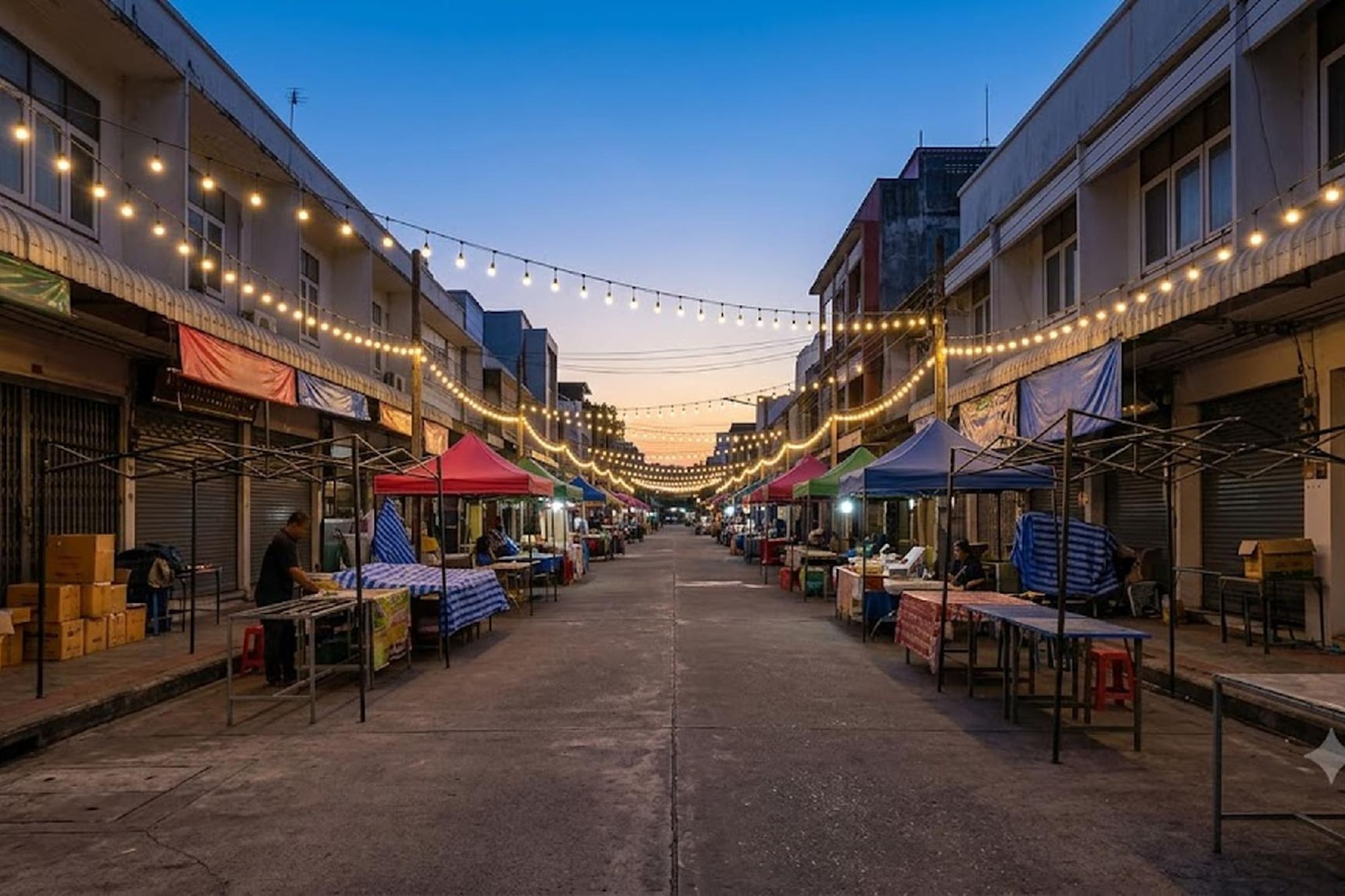 Night market street at dusk with string lights and colorful vendor stalls.