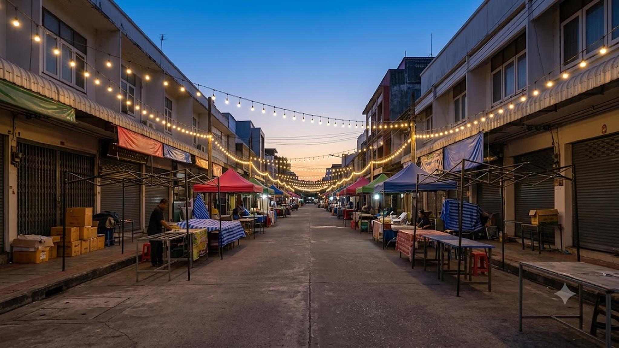 Night market street at dusk with string lights and colorful vendor stalls.
