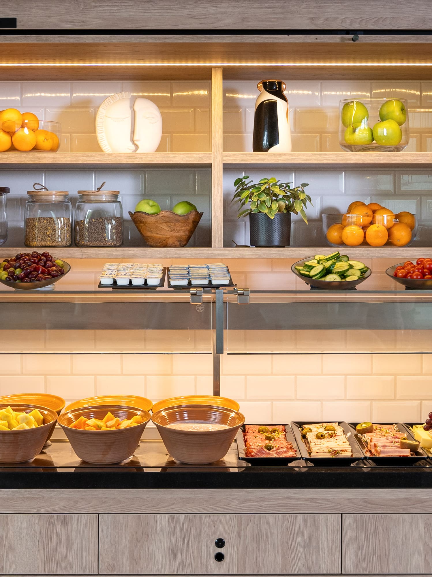 a shelf with food on it