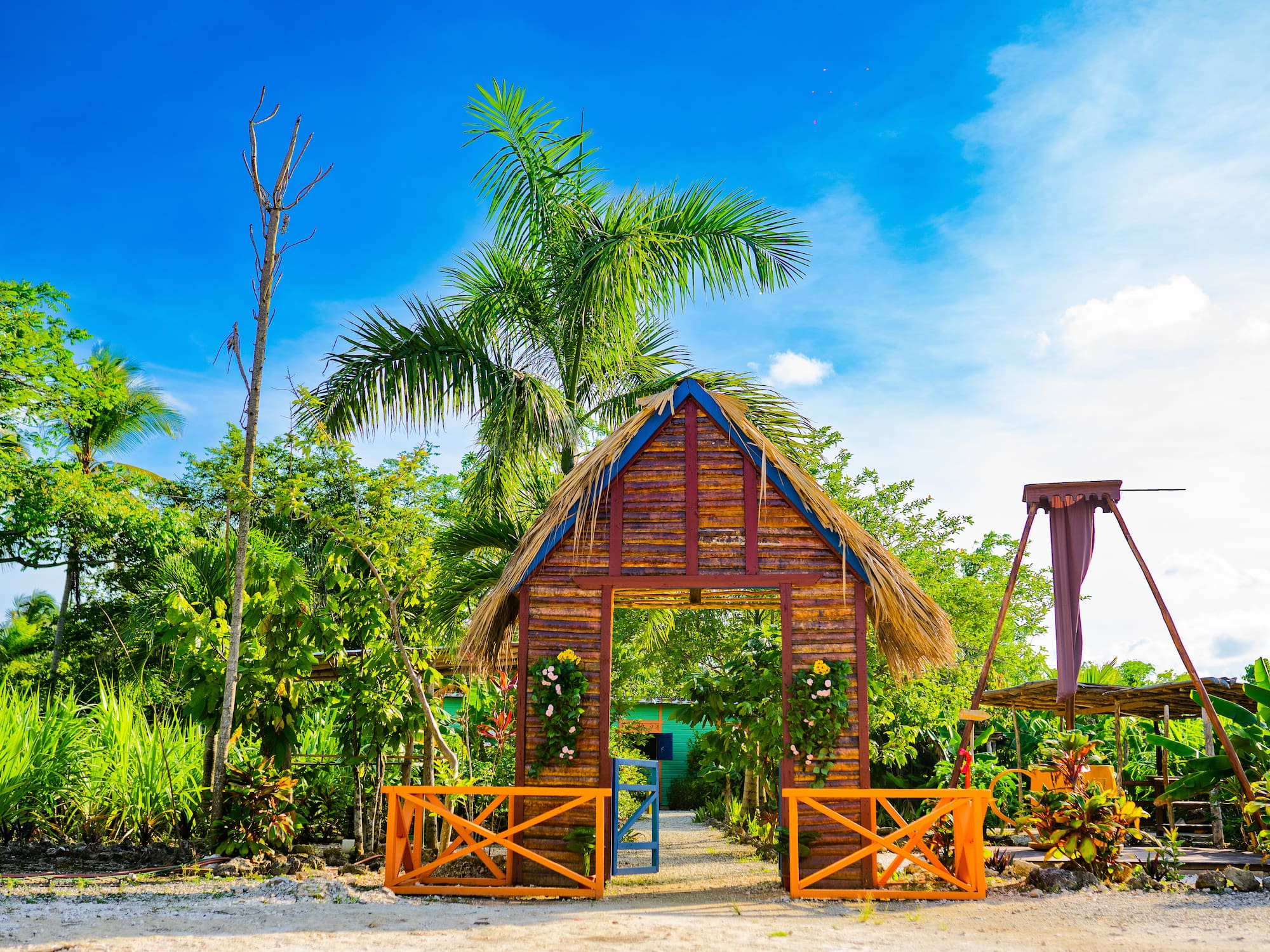 a wooden structure with a thatched roof and a palm tree