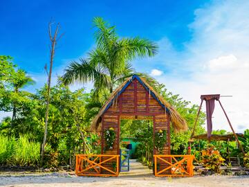 a wooden structure with a thatched roof and a palm tree