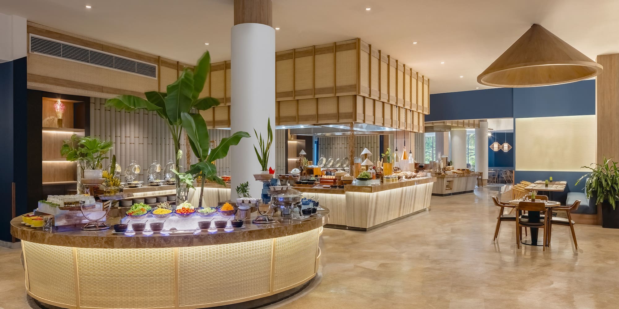 a restaurant with a buffet table