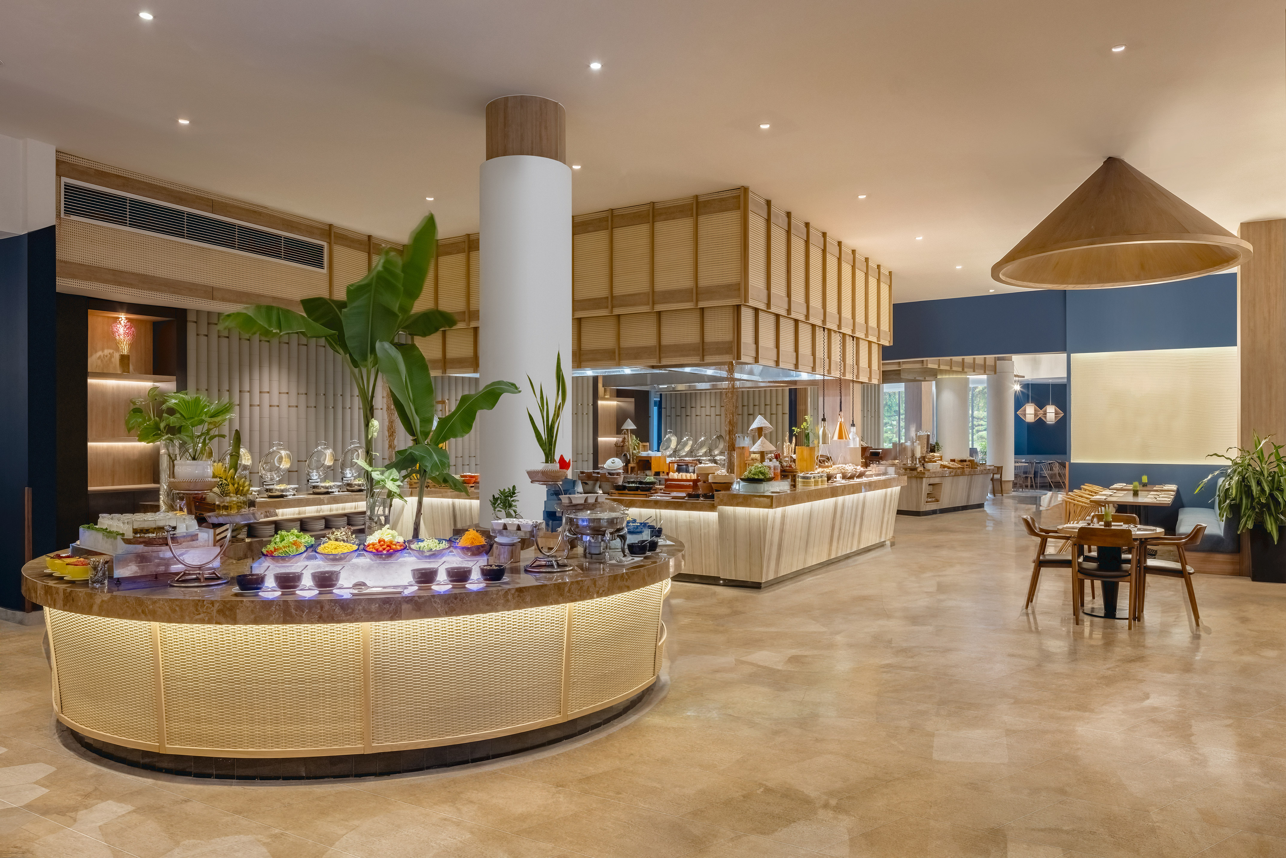a restaurant with a buffet table
