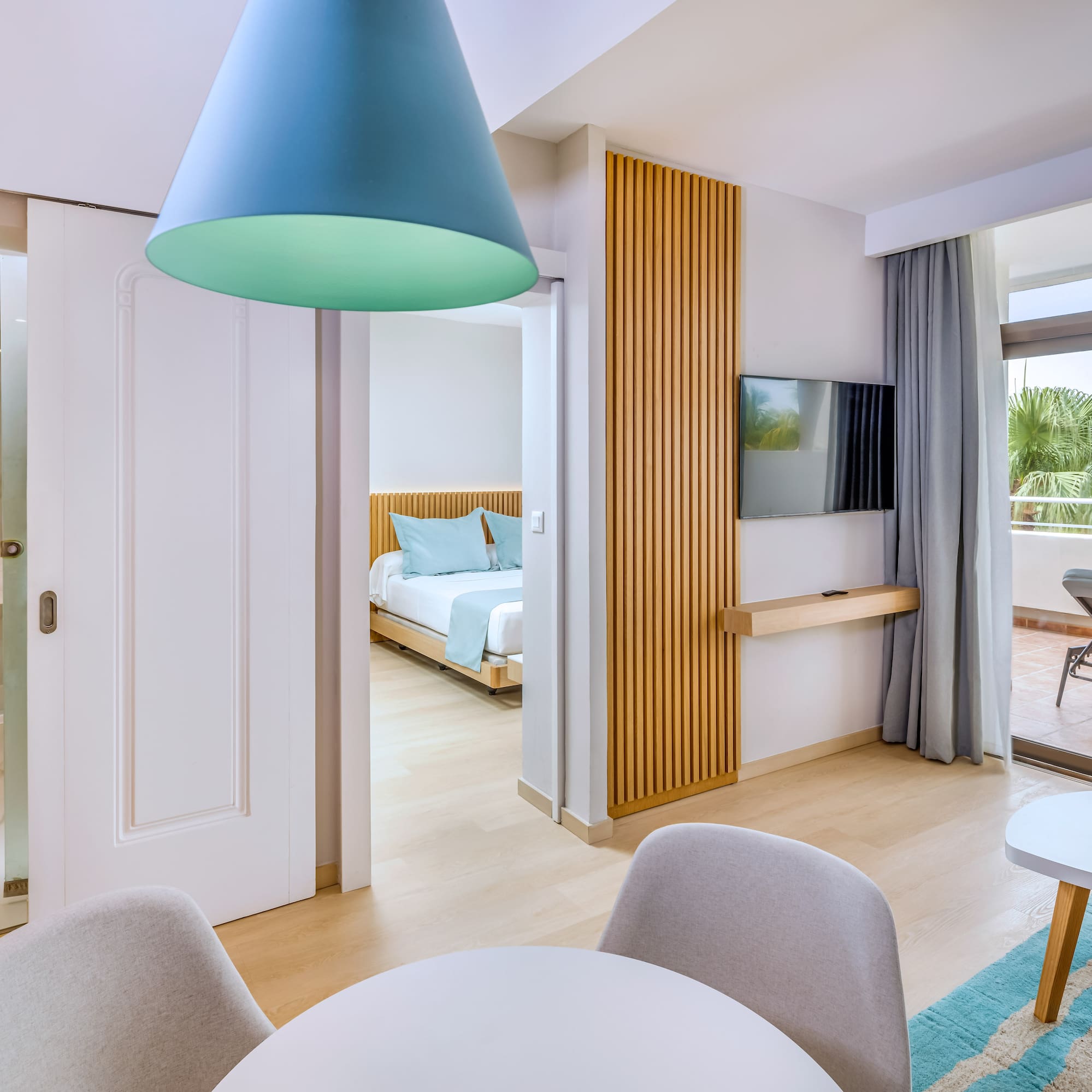 a room with a bed and a table