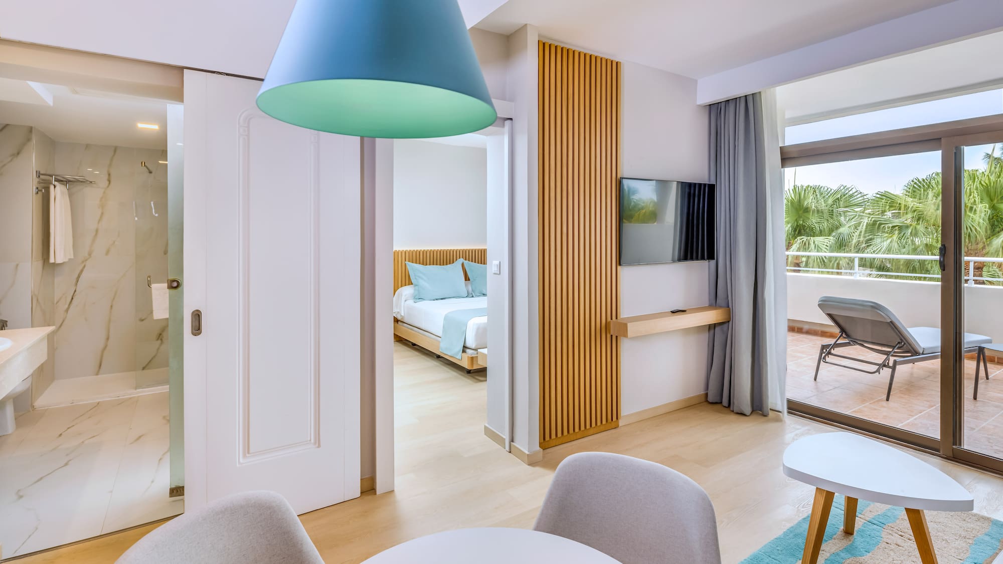 a room with a bed and a table