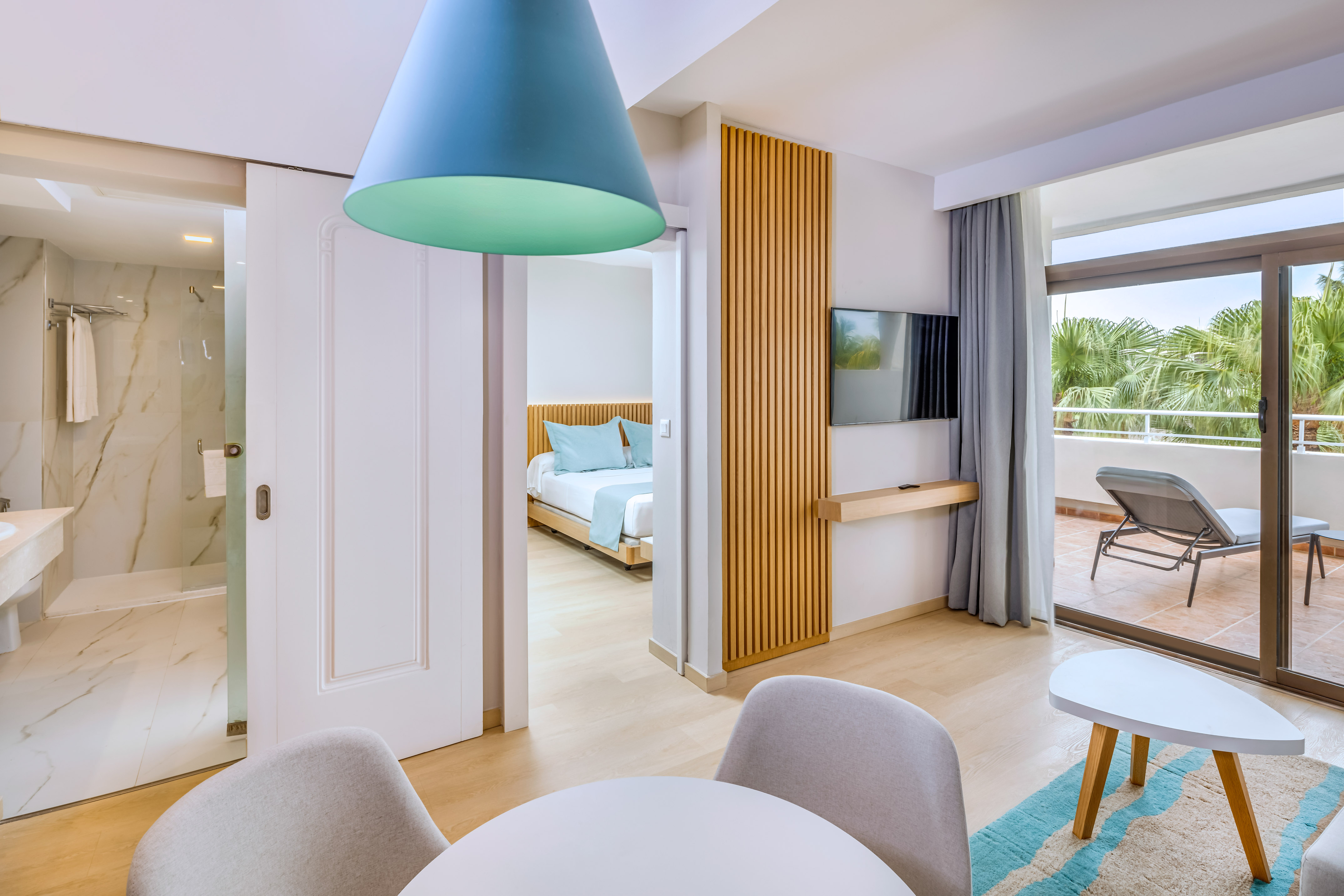 a room with a bed and a table