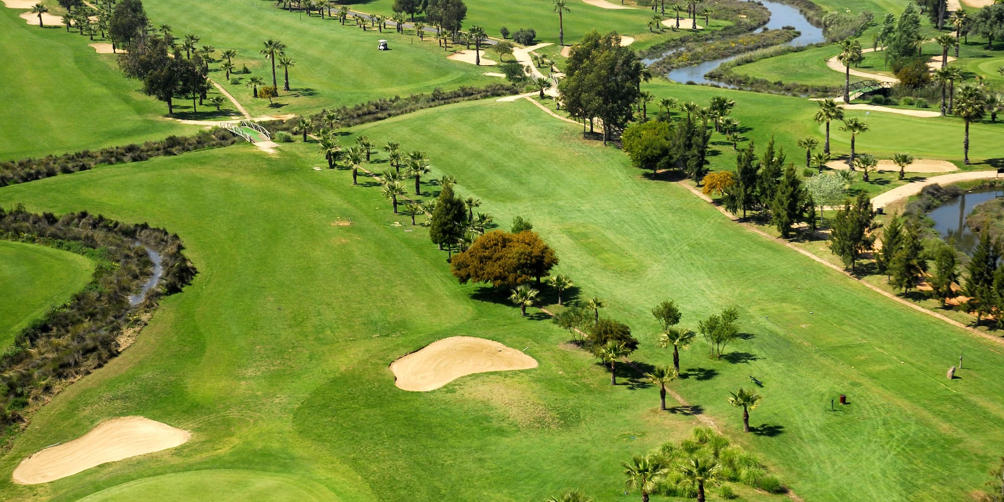 a golf course with a river and trees