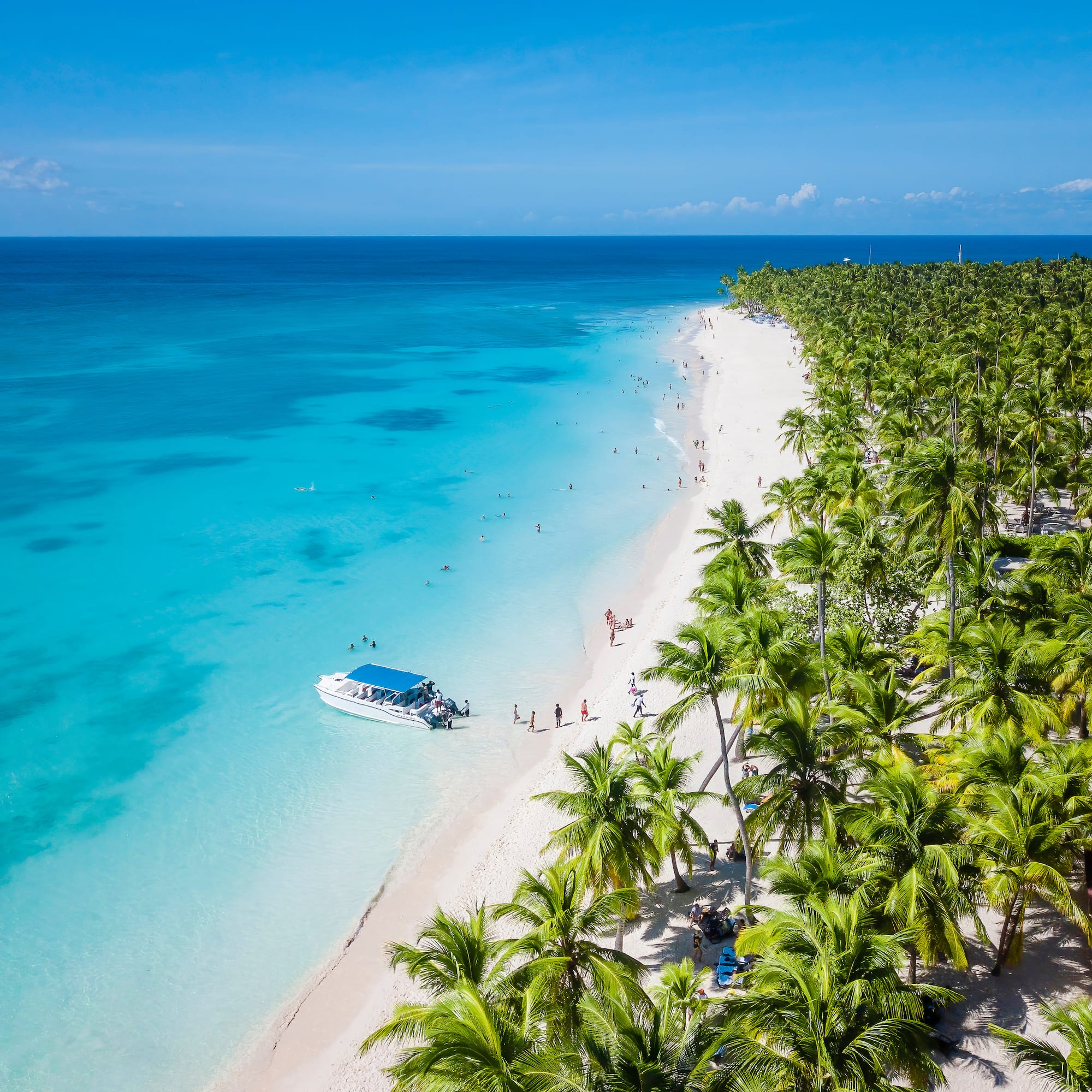 Tropical white sand beach, turquoise water, palm trees, people, boat.