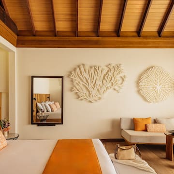 a room with a bed and couches