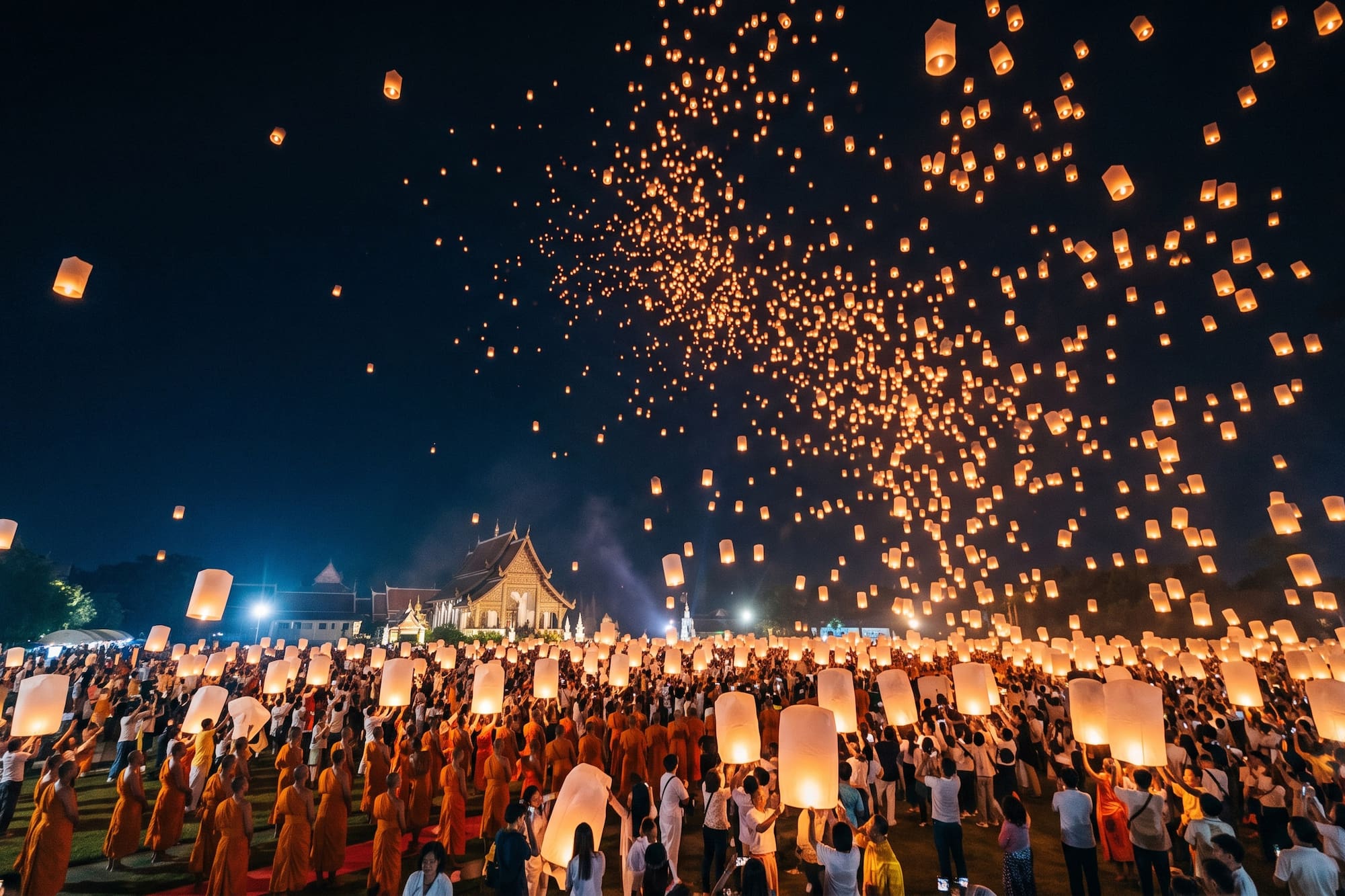Yi Peng festival: hundreds of glowing sky lanterns rise over a temple at night.