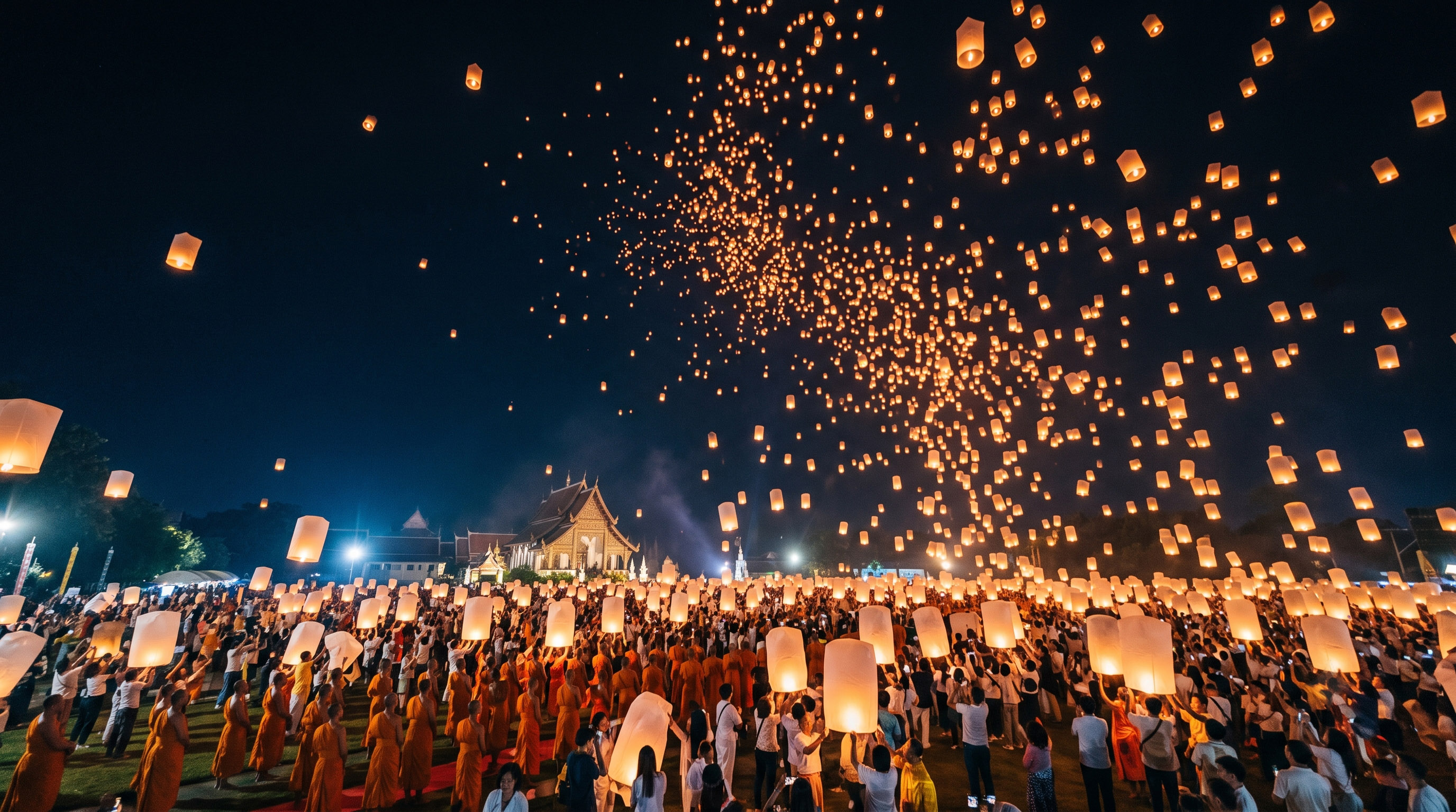 Yi Peng festival: hundreds of glowing sky lanterns rise over a temple at night.
