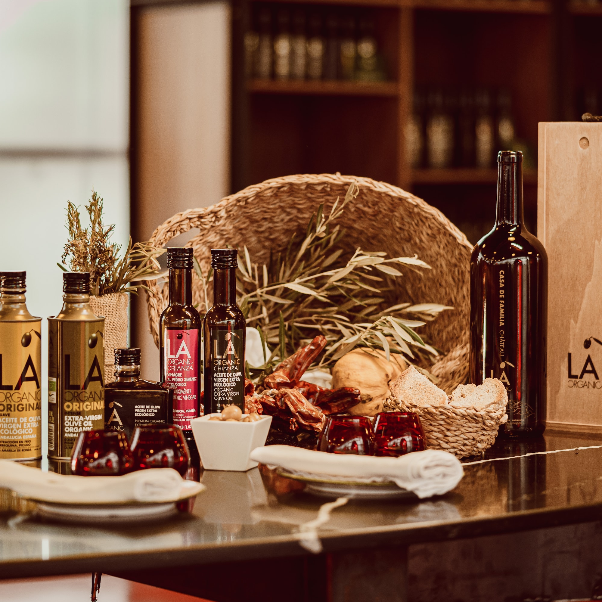 a table with bottles and food on it