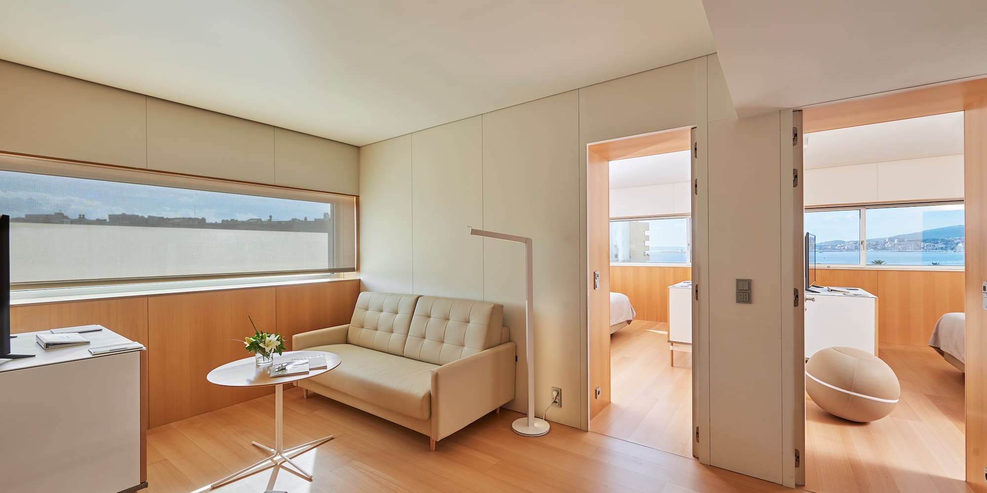 a room with a couch and a table