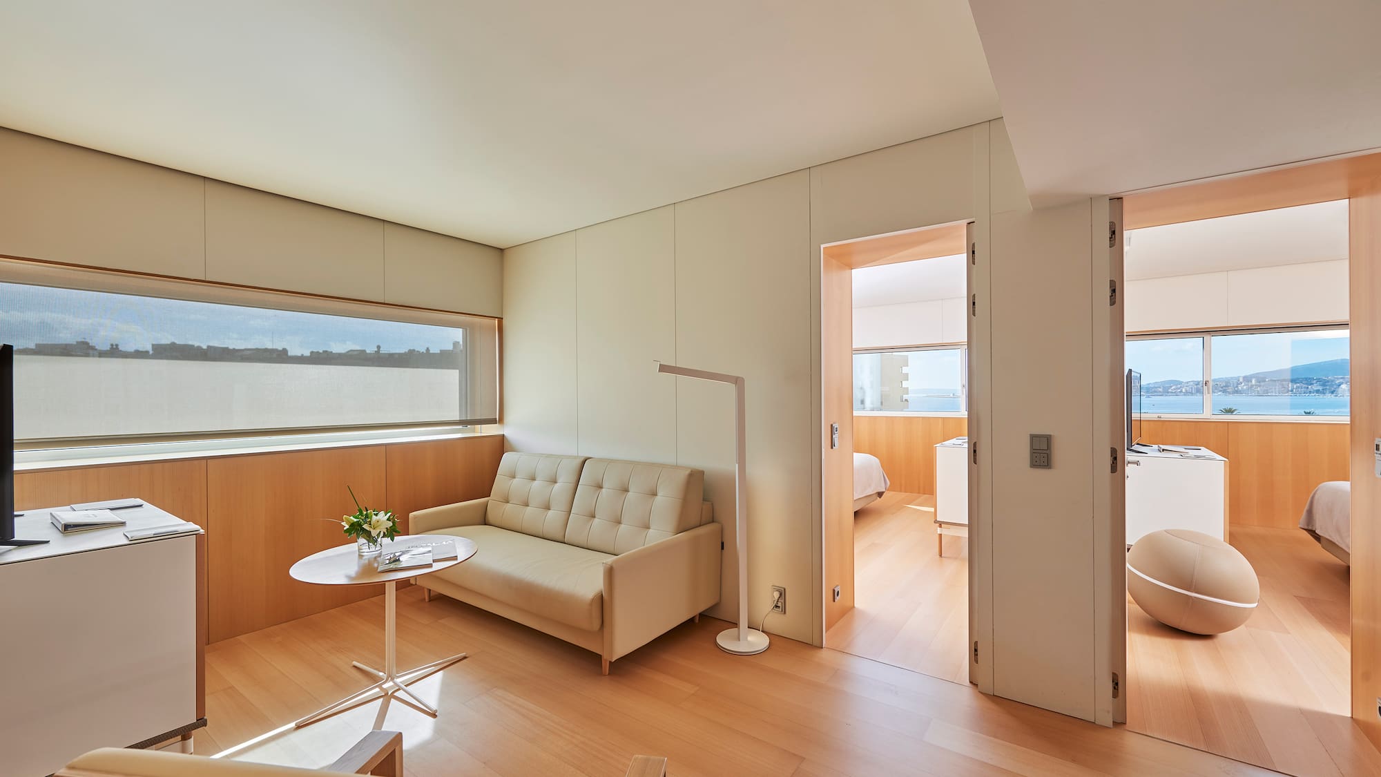 a room with a couch and a table