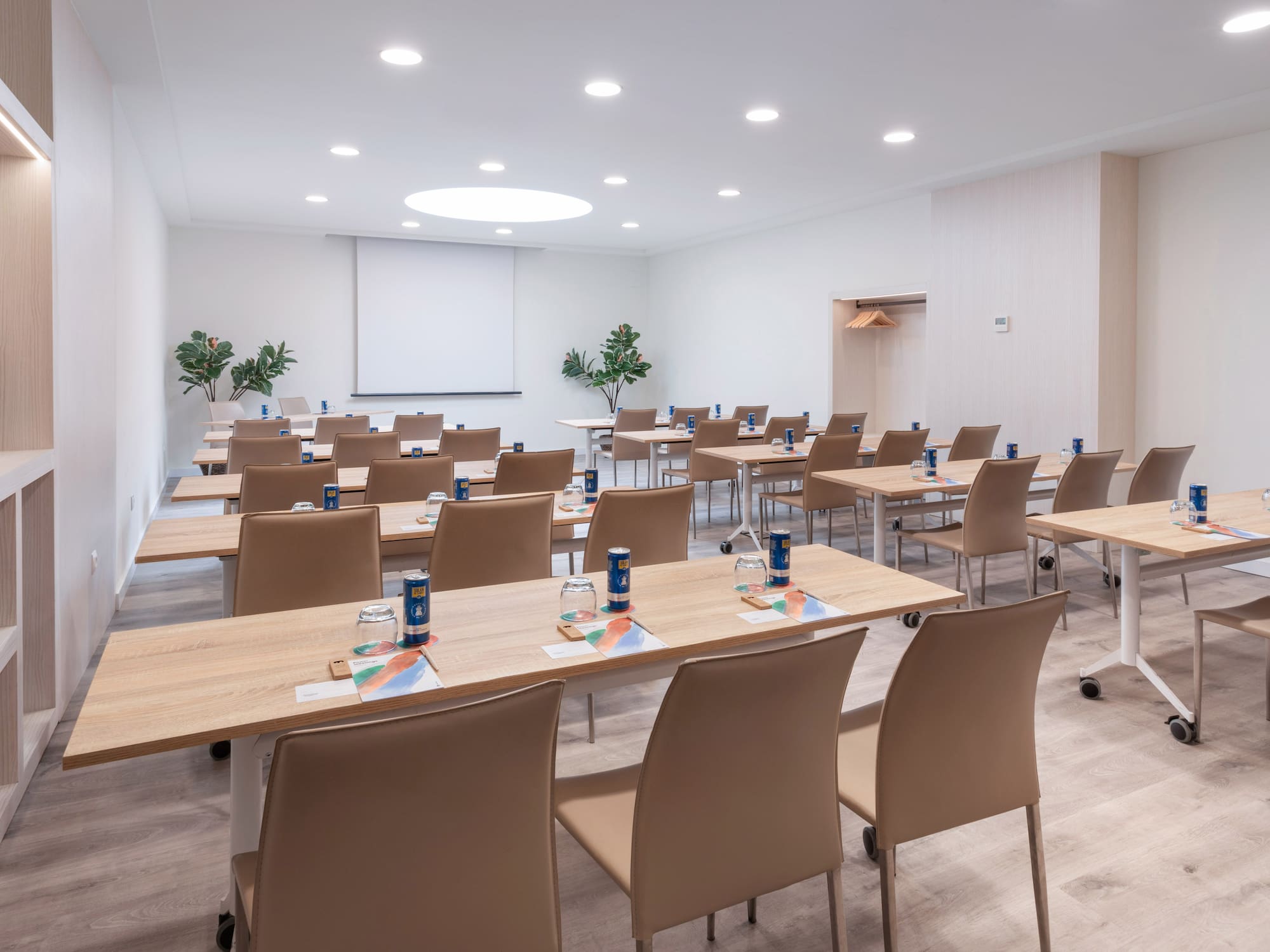 a room with tables and chairs