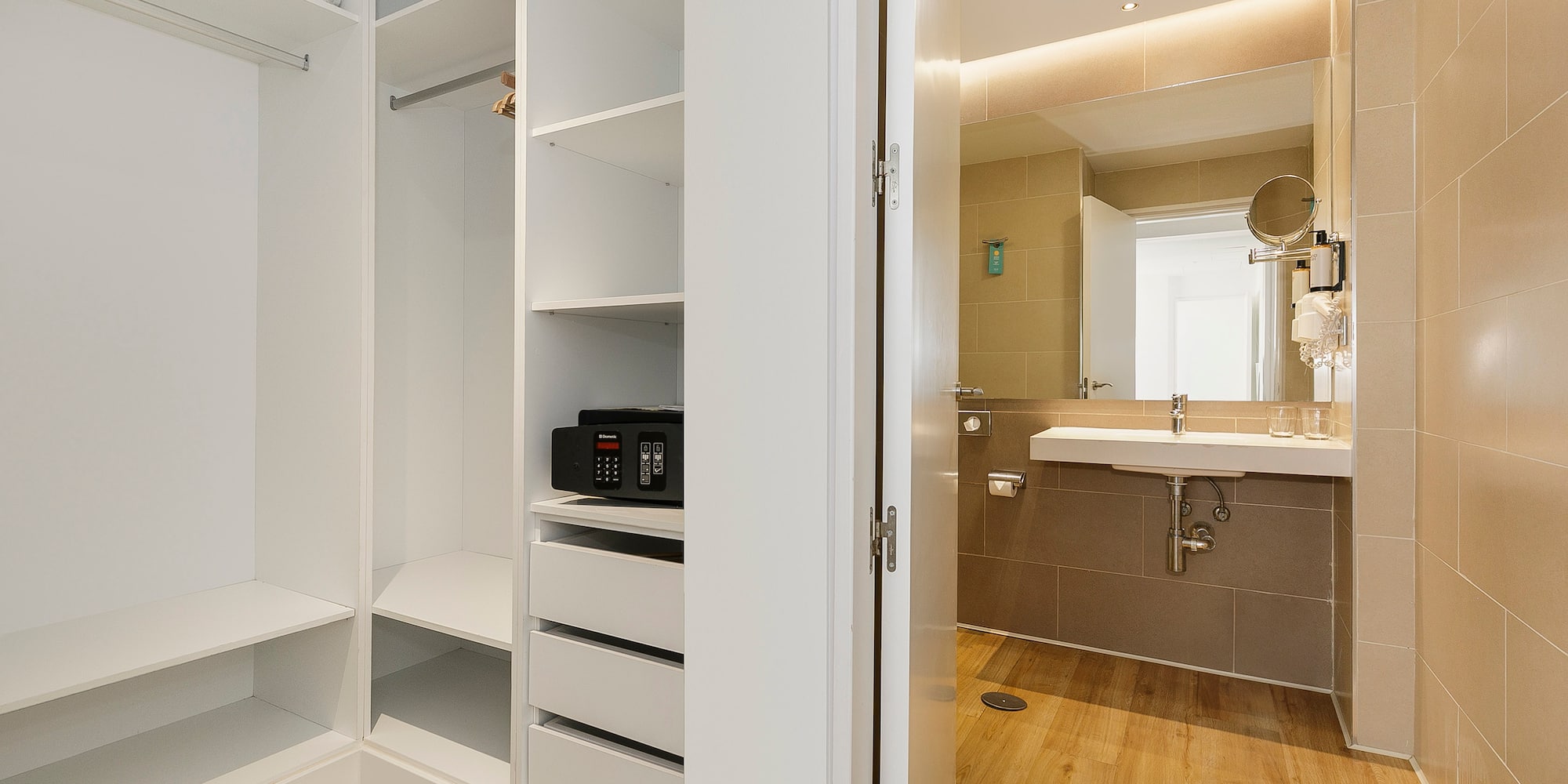 a room with a closet and sink