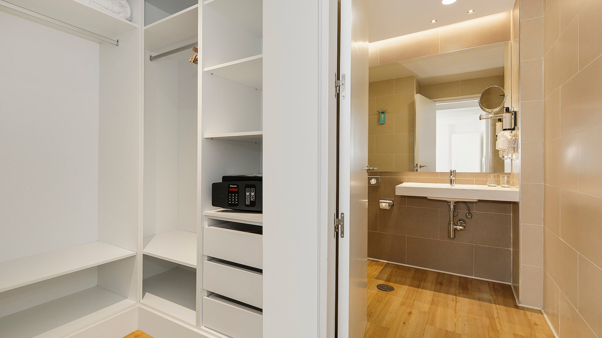 a room with a closet and sink