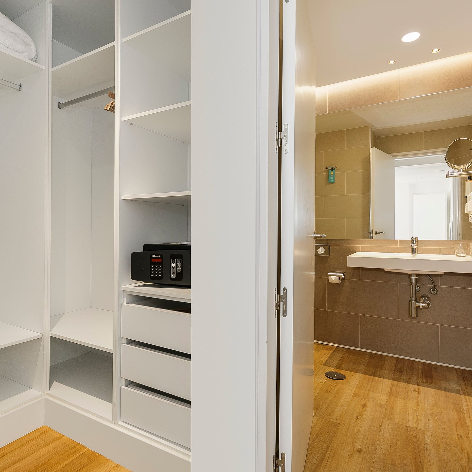 a room with a closet and sink