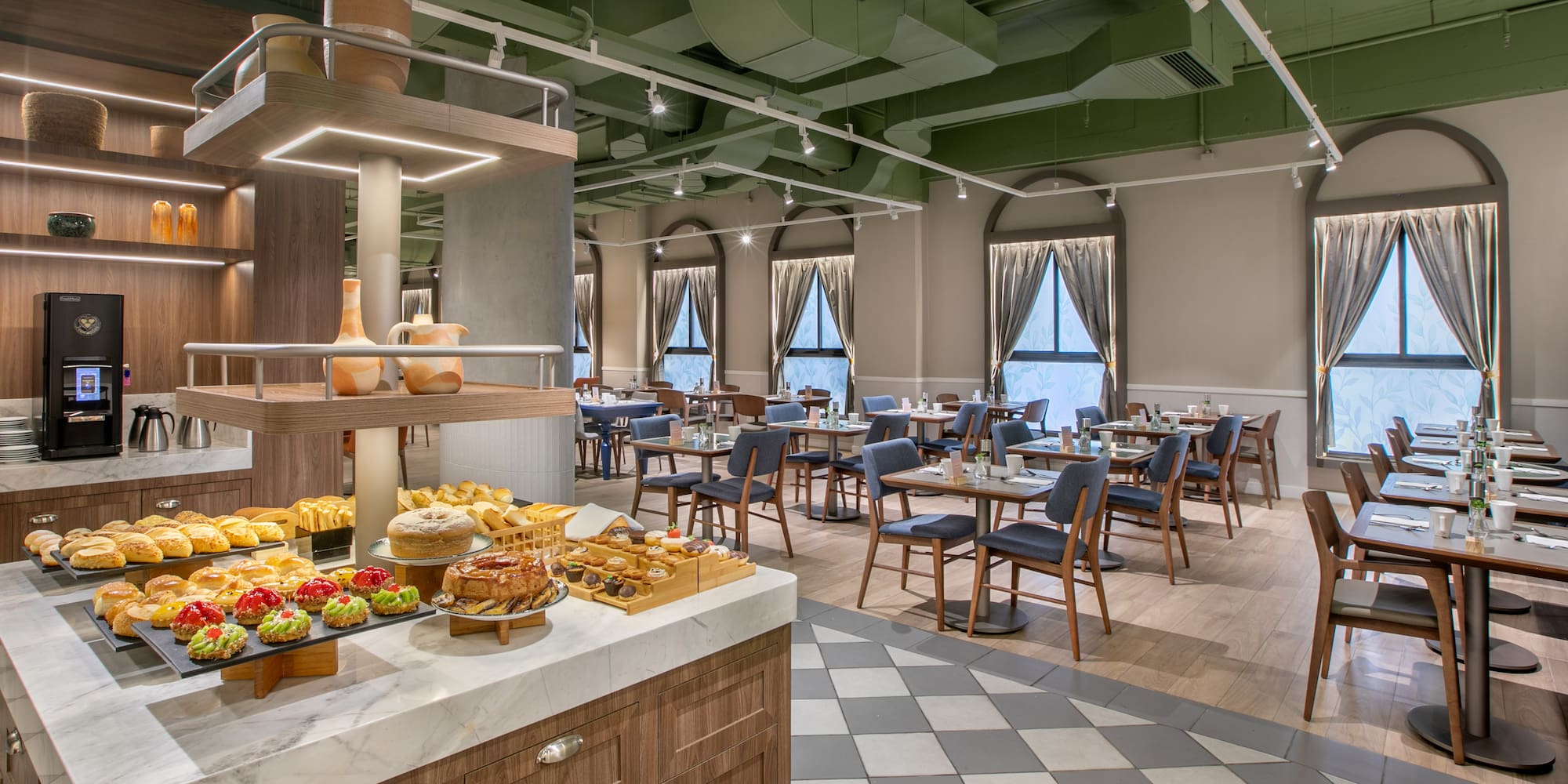 a room with tables and chairs