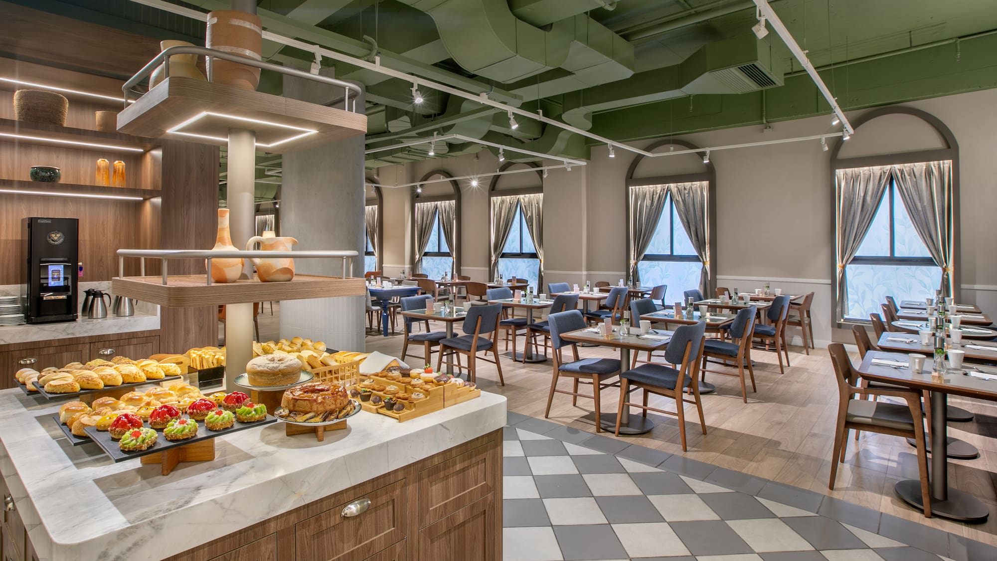 a room with tables and chairs