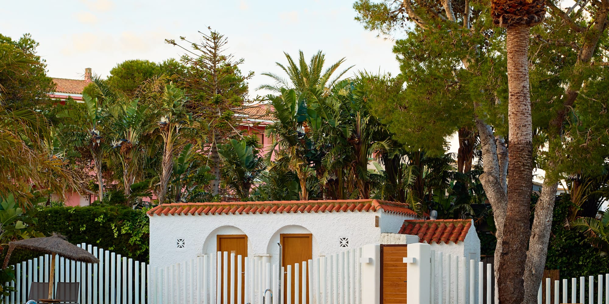 a pool with a white fence and palm trees