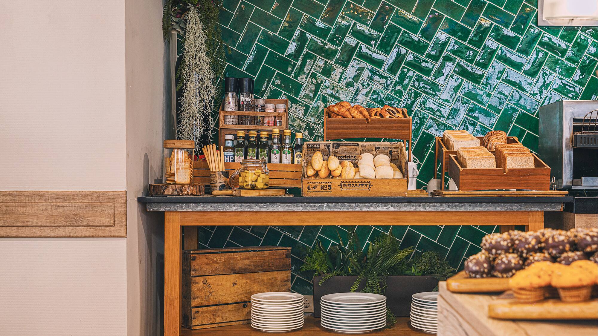 a counter with food on it