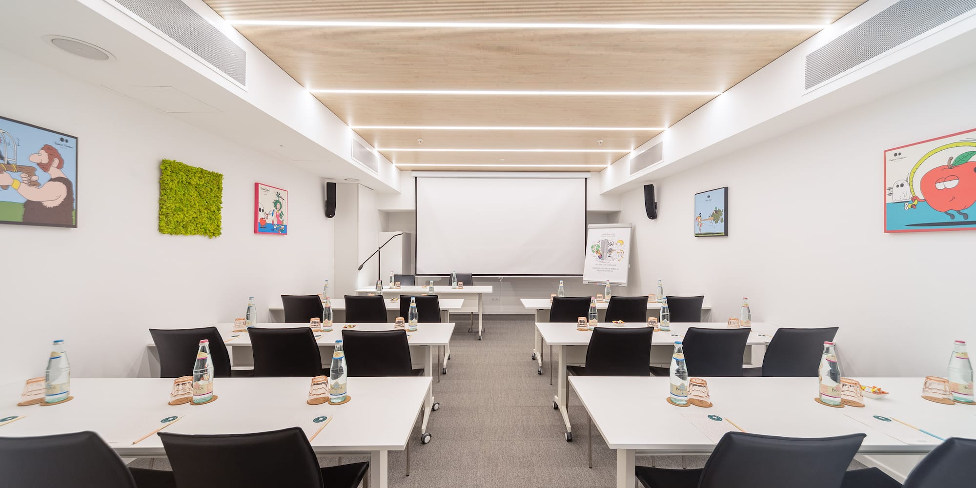 a room with tables and chairs