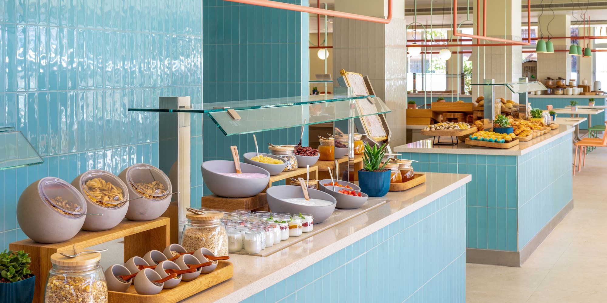 a buffet with different types of food