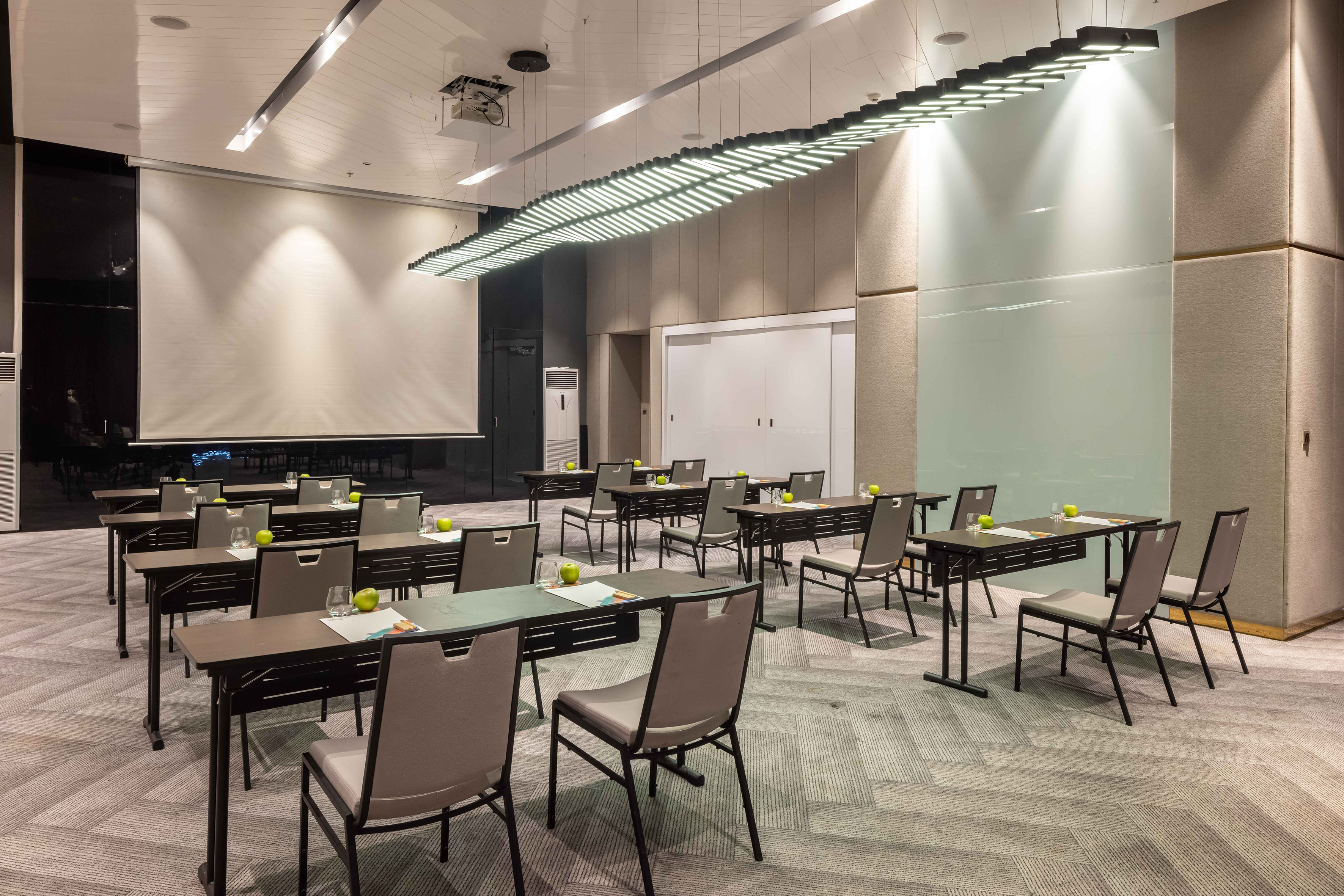 a room with tables and chairs