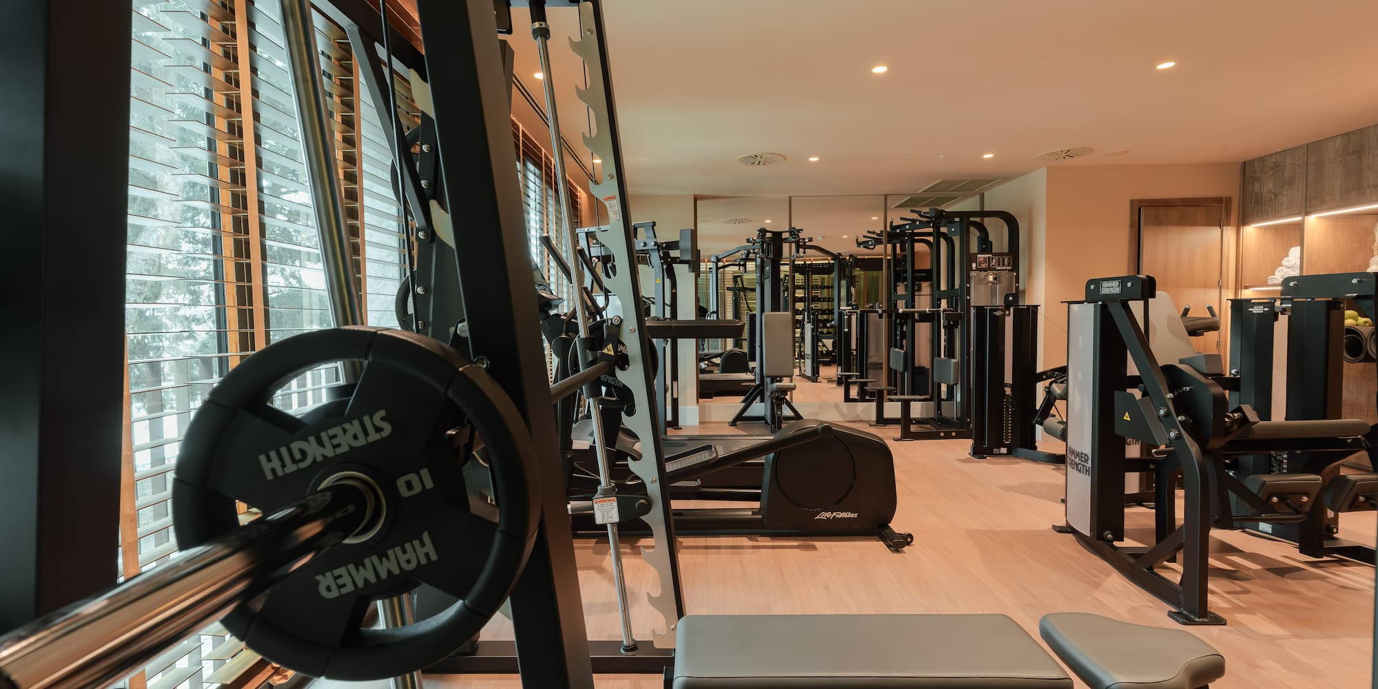 a gym with weights and exercise equipment