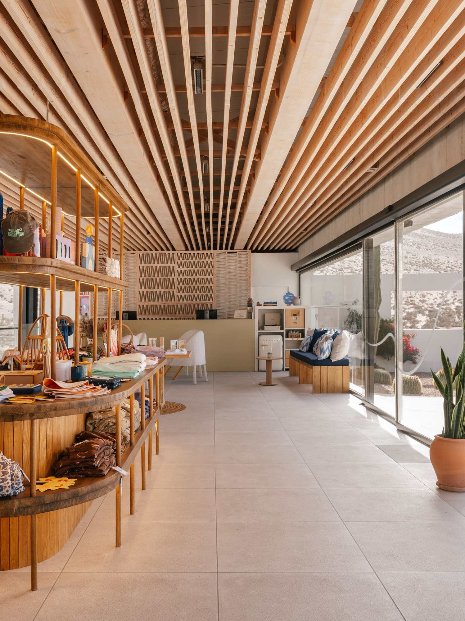 Modern desert boutique interior with wooden display shelves and large windows.