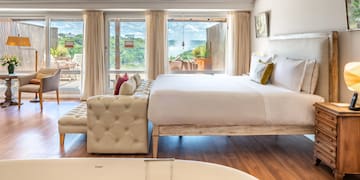 a room with a bed and a bathtub