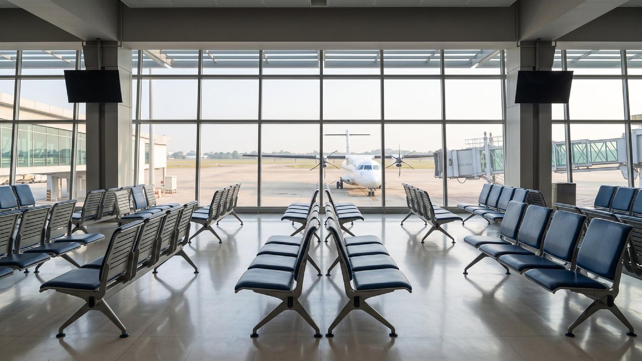 Empty airport gate waiting area with blue seats and airplane on tarmac.
