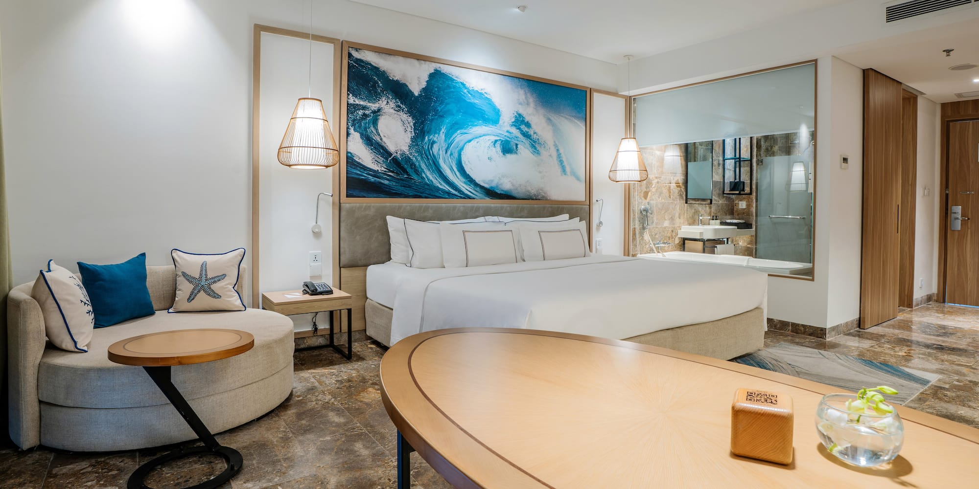 a room with a bed and a table